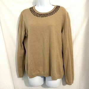 Brooks Brothers 346 Tan 100% Merino Wool Beaded Sweater Womens Size XL